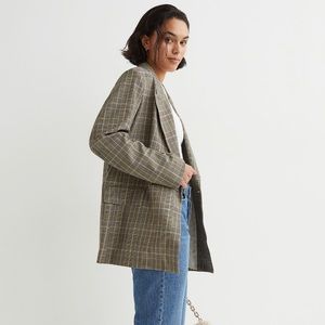 NWT H&M oversized double-breasted blazer glen plaid brown black beige